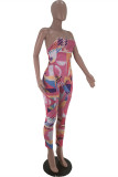 Pink Fashion Sexy Print Backless Strapless Skinny Jumpsuits