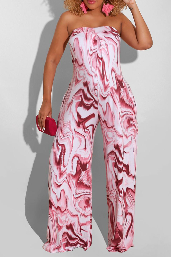 Burgundy Casual Print Patchwork Strapless Straight Jumpsuits