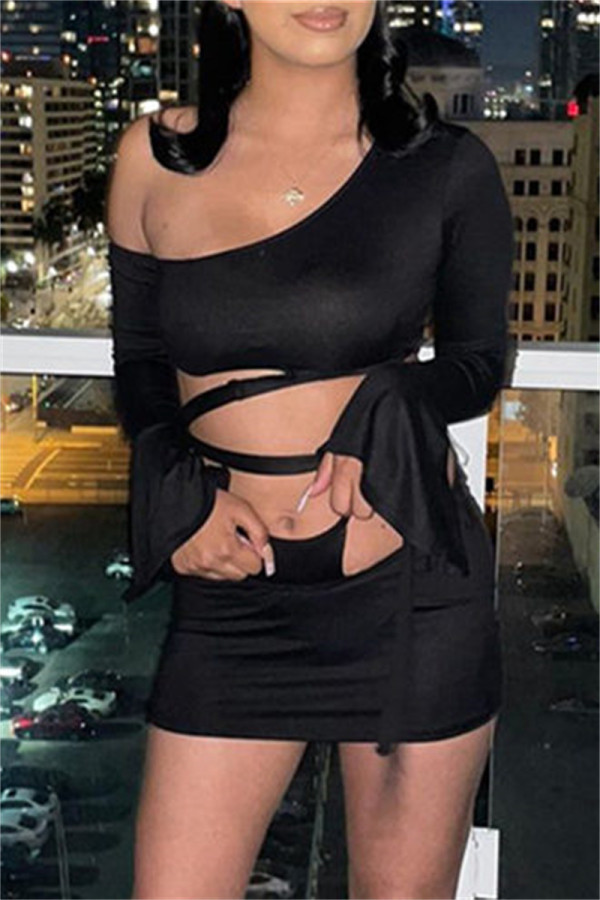 Black Fashion Sexy Solid Bandage Hollowed Out Oblique Collar Long Sleeve Two Pieces