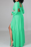 Green Sexy Solid Bandage Hollowed Out Patchwork Backless V Neck Straight Dresses