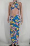Blue Fashion Sexy Print Backless Halter Sleeveless Two Pieces