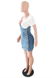 Blue Fashion Patchwork Bandage V Neck Short Sleeve Denim Dress
