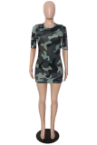 Green Sexy Camouflage Print Ripped O Neck Pencil Skirt Dresses
