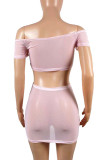 Pink Sexy Solid Patchwork Draw String Fold Off the Shoulder Short Sleeve Two Pieces
