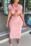 Pink Fashion Sexy Solid Hollowed Out Strap Design O Neck Short Sleeve Two Pieces