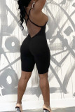 Blue Sexy Solid Patchwork Backless Cross Straps U Neck Skinny Rompers