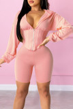 Pink Casual Solid Patchwork Hooded Collar Long Sleeve Two Pieces