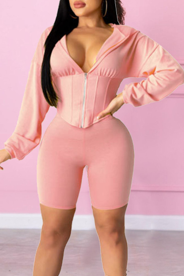 Pink Casual Solid Patchwork Hooded Collar Long Sleeve Two Pieces