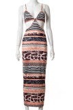 Brown Celebrities Print Hollowed Out Split Joint Spaghetti Strap Pencil Skirt Dresses
