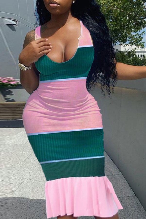 Green Sexy Striped Patchwork U Neck Trumpet Mermaid Dresses