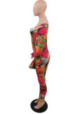 Rose Red Fashion Sexy Print See-through Backless Off the Shoulder Long Sleeve Two Pieces