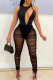 Black Sexy Solid Hollowed Out Patchwork See-through Fold O Neck Skinny Jumpsuits