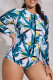 Blue Casual Print Split Joint Zipper Zipper Collar Plus Size Swimwear
