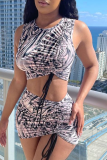 Black And White Sexy Print Patchwork O Neck Sleeveless Two Pieces