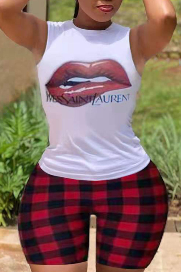 Red White Casual Plaid Print Patchwork O Neck Sleeveless Two Pieces