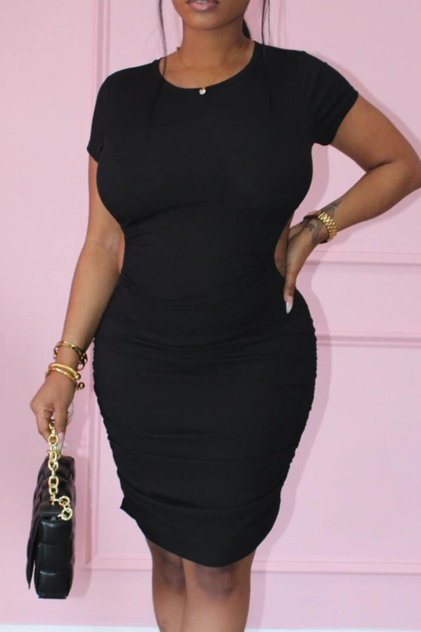 Black Casual Solid Hollowed Out O Neck Pencil Skirt Dresses
