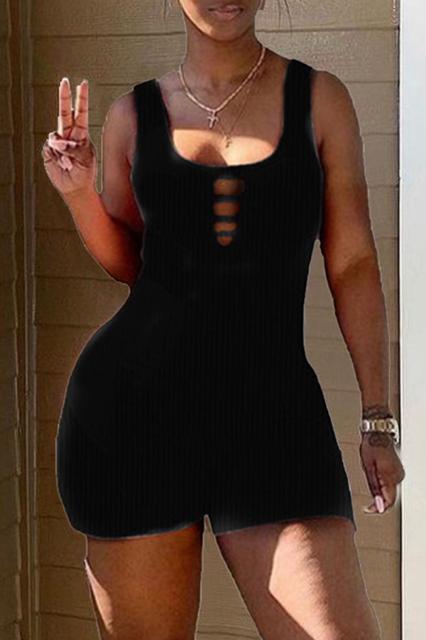 Black Sexy Casual Solid Hollowed Out U Neck Skinny Rompers