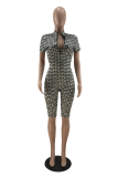 Black Sexy Print Patchwork Zipper Collar Skinny Rompers