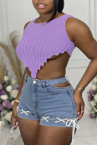 Purple Sexy Solid Split Joint Asymmetrical O Neck Tops