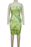 Green Sexy Print Patchwork See-through Strapless Pencil Skirt Dresses