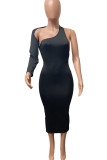 Black Fashion Sexy Solid Backless Oblique Collar Irregular Dress Dresses