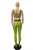 Green Fashion Sexy Print Hollowed Out Fold Spaghetti Strap Sleeveless Two Pieces