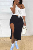 White Black Fashion Casual Solid Slit Oblique Collar Short Sleeve Two Pieces