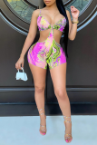 Rose Red Sexy Print Hollowed Out Spaghetti Strap Skinny Rompers