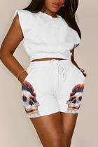 White Casual Print Split Joint O Neck Short Sleeve Two Pieces