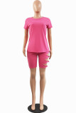 Red Sexy Solid Ripped Bandage O Neck Short Sleeve Two Pieces