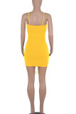 Yellow Sexy Solid Split Joint Draw String Fold Spaghetti Strap Pencil Skirt Dresses