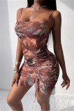 Coffee Sexy Print Draw String Backless Spaghetti Strap Sleeveless Dress