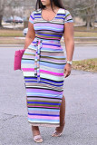 Pink Fashion Casual Plus Size Striped Print Slit O Neck Short Sleeve Dress