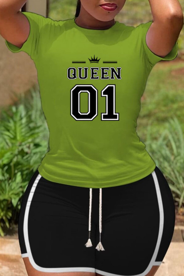 Green Casual Print Patchwork O Neck Short Sleeve Two Pieces