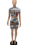 Black Sexy Print Hollowed Out Short Sleeve Two Pieces