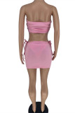 Pink Fashion Sexy Print Backless Strap Design Strapless Sleeveless Three-piece Set