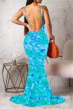 Rose Red Fashion Sexy Print Backless Spaghetti Strap Sleeveless Dress