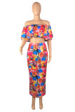 Multicolor Fashion Sexy Print Backless Off the Shoulder Short Sleeve Two Pieces