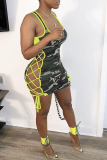 Pink Sexy Camouflage Print Patchwork Spaghetti Strap Pencil Skirt Dresses
