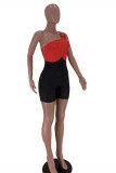 Red Fashion Sexy Patchwork Hollowed Out Backless One Shoulder Skinny Romper