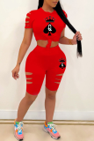 Red Casual Print Patchwork O Neck Short Sleeve Two Pieces