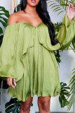 Blue Sexy Solid Flounce Off the Shoulder Pleated Dresses