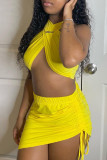 Yellow Fashion Sexy Solid Draw String Backless Halter Sleeveless Two Pieces