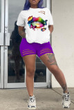 Yellow Fashion Casual Print Ripped O Neck Short Sleeve Two Pieces