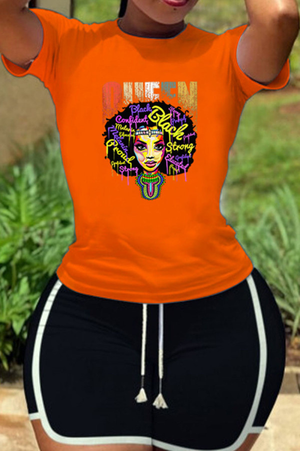 Tangerine Red Casual Print Patchwork O Neck Short Sleeve Two Pieces