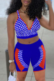 Blue Sexy Casual Patchwork Print Basic V Neck Sleeveless Two Pieces