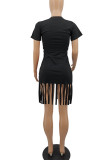 Light Green Casual Solid Tassel Patchwork O Neck Pencil Skirt Dresses