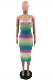Rainbow Color Fashion Sexy Print Backless Spaghetti Strap Sleeveless Dress