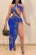 Blue Sexy Print Hollowed Out Patchwork Swimwears