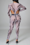 Grey Sexy Print See-through V Neck Skinny Jumpsuits